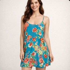 Show Me Your Mumu Aqua Blue Floral Strap Slip Babydoll Mini Dress Sz S Casual